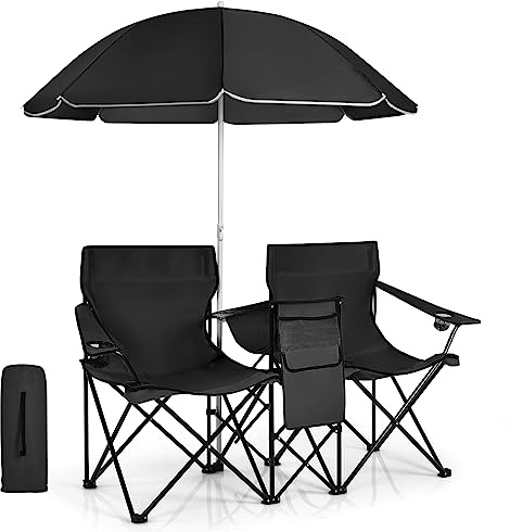 GIANTEX 2er Partner Campingstuhl mit Sonnenschirm, klappbarer Doppel Angelstuhl mit Getränkehalter & Kühltasche, Klappstuhl für 2 Personen, Anglerstuhl in Tasche, Faltstuhl Doppelsitzer