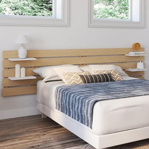 IDMarket - Tête de lit Suspendue 5 Larges Lattes Nina 240 cm Bois Clair et étagères Blanches