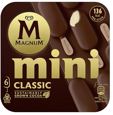 Magnum Lot de 6 mini bâtonnets de crème glacée classique au chocolat certifié Rainforest Alliance - Crème glacée veloutée vanille cacao - 55 m