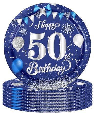 16Pcs Navy Blue 50th Birthday Paper Plates 7inch for Party Decorations - Tableware for Men's Dinner