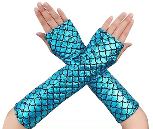 Fingerlose Handschuhe Damen Meerjungfrau, Fischschuppen Lange armstulpen, Halloween Mädchen Cosplay Handschuhe Arm Ärmel für Bühne Leistung Fasching Partei Kostüm Zubehör (Blau)