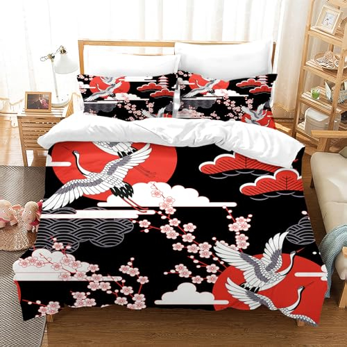 PORJDN Bettwäsche Set Japanischen Stil Romantisches Thema Japanischer Samurai Trösterbezug Set Botanischer Blumenzweig Bedruckter Kissenbezug 65x65cm (Style C, 140x200cm)