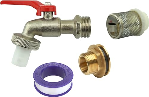 Meister Regentonnenauslauf-Set 4-teilig - Kugelauslaufhahn 3/4 Zoll AG - Mit Saugkorb, Dichtband & Stutzen - Messing/Regenfassauslauf/Regentonnen-Zapfhahn/Wasserhahn/Absperrhah / 9924900