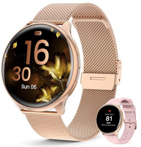 Loekneue Smartwatch Damen Rund mit Telefonfunktion 1,39'' HD Touchscreen Uhr mit /SpO2/Menstruationszyklus/Schlafmonitor/IP68 Wasserdichter/Schrittzähler/Fitness/für iOS Android Rosa Gold