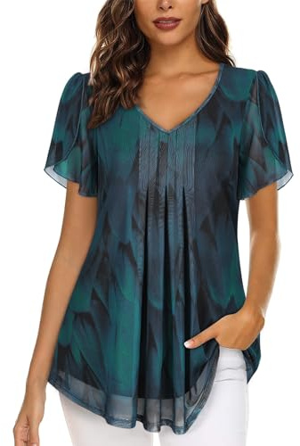 Dressy Shirts for Women Trendy, Short Sleeve Layered Tunics Shirts Mesh Sheer Chiffon Blouse Elegant Pleated Front Top for Women Casual Summer Vacation Clothes Flowy Tunic Tops to Wear with Leggings