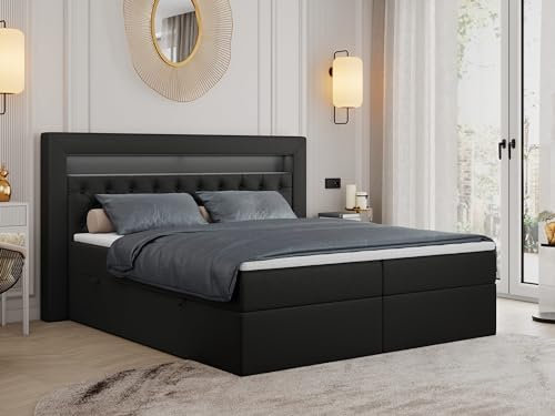 MKS MEBLE Boxspringbett 200x200 mit Led Schwarz Kunstleder, Bett 200x200 mit LED Kopfteil, Multipocket Matratze H3, Doppelbett mit Bettkasten Stauraumbett - Gold-6 - Schwarz Kunstleder