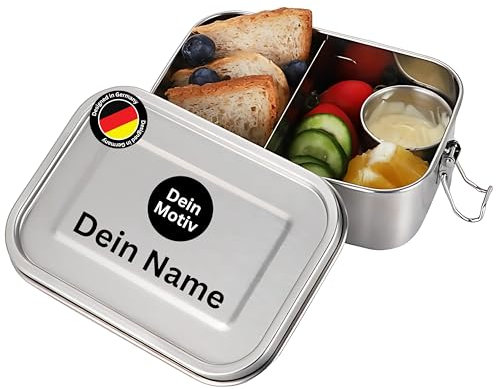 designfabrikmueller Personalisierte Lunchbox aus Edelstahl mit Namen,Text und Motiv gelasert – über 100 verschiedene Motive – inkl. Abtrennung, Auslaufsicher, Brotdose – Geschenkidee Kinder (800ml)