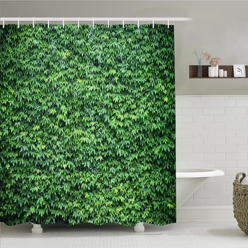 Simpomsy Green Leaf Wall Outdoor Garden Theme Shower Curtain, 150x180cm, Waterproof, 12 Hooks