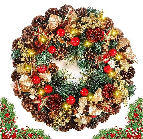ZQEJEFD Corona de Navidad para Puerta LED, 30 cm Puerta de Entrada Colgante Guirnalda Guirnalda Decoración Corona de Adviento Corona con piñas y Bayas Decoración navideña Decorativa acción de Gracias