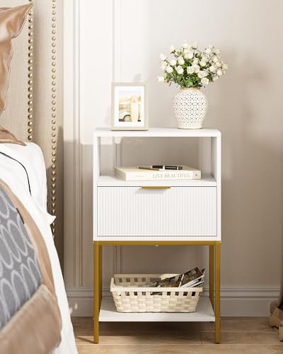 HEYZOEY Bedside Table, Small Bedside Cabinet with Drawer and Storage Shelf, 25.4 H Tall Nightstand End Sofa Side Table with Gold Frame for Bedroom, Living Room, White