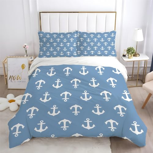 HYSNKSM Bettwäsche 200x200 Maritim Bettwäsche Sets 3Teilig Mikrofaser Bettbezug 200 x 200 und 2 Kissenbezug 80x80 cm Kuschelige Bettbezüge Anker mit Reißverschlus