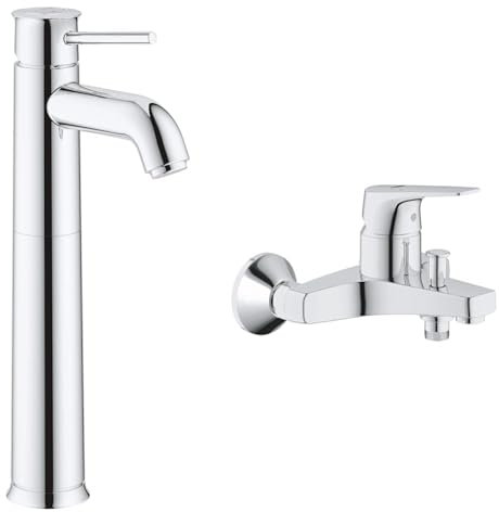 GROHE Mitigeur monocommande Lavabo Taille XL Start Classic Chromé 23784000 & Mitigeur monocommande Bain Douche Start Flow, robinet à montage mural, raccord fileté
