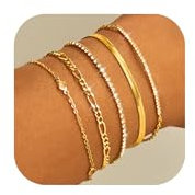 KENIY 5 Stück Armband Damen 14 Karat Vergoldet Armkette Damen Gold Armbänder Set Figaro Herringbone Beads CZ Chain Bracelets Layered Link Charm Bracelets Armkette Modeschmuck Für Damen