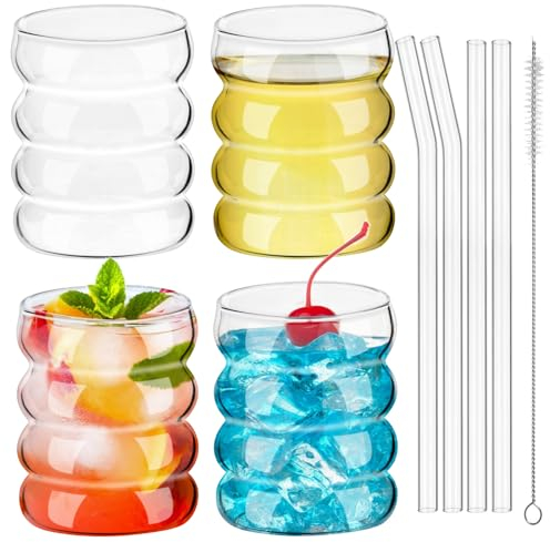 Vilomdur Juego de 4 Vasos de Vidrio de Burbujas, 350ML Vasos de Cristal Ondulados, Vasos de Café Helado, Vasos de Cóctel, con Pajitas de Cristal y Cepillo, para Cerveza, Batidos, Jugos, Leche, Soda