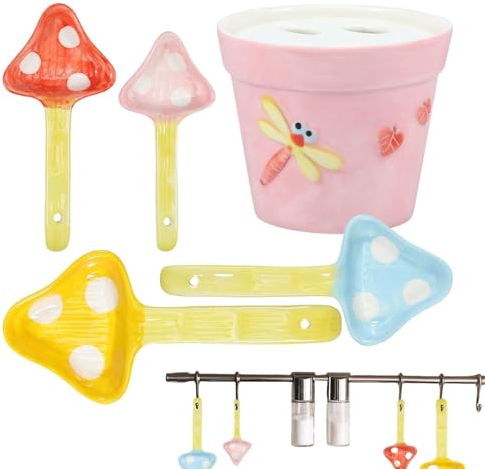 Samuliy Lindo juego de cucharas medidoras, tazas medidoras de setas de cerámica,Tazas medidoras de anidables de 4 tamaños con base | Juego de cucharas medidoras de tazas medidoras de cerámica para