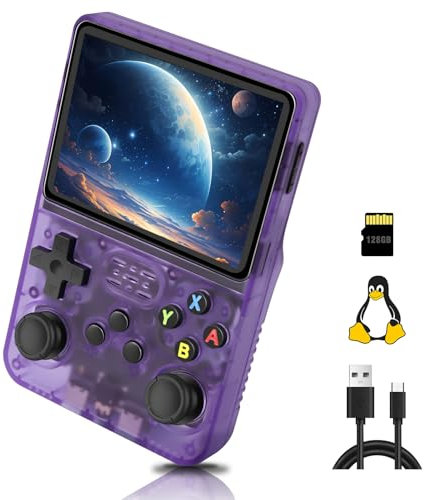 R36S Handheld, 3.5 Inch IPS Screen Linux System, Handheld Game Console Support WiFi Online Battling, with 10,000+ Classic Games, 128G, Transparent Purple