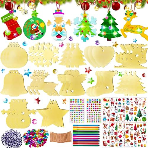 360Pcs Bastelset Weihnachten für Kinder - Holzanhänger Deko mit Glocken, Augen, Schnüren, Strasssteinen, Aufklebern - Christbaumschmuck und Geschenke