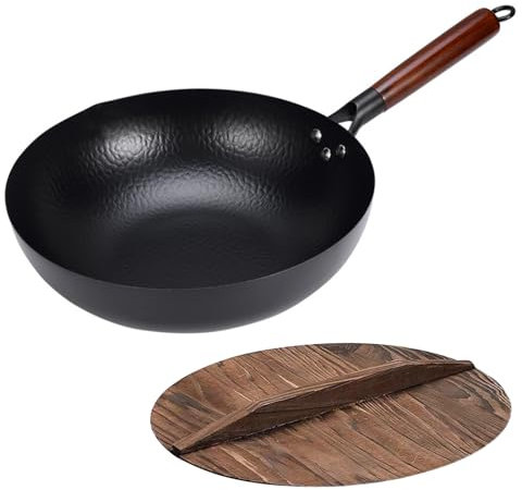 ShkitAelling Wokpfanne, Pfannen mit Holzdeckel, 32 cm, flacher Boden, Wok für Induktion, Elektro, Gas, Halogen, alle Herde, Küche, Kochgeschirr