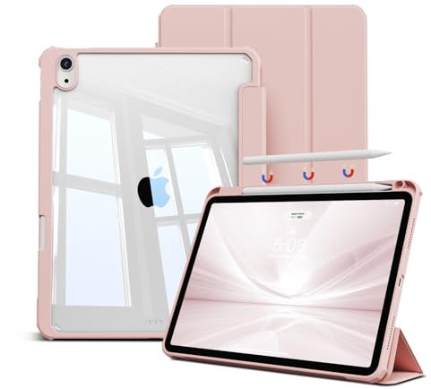 GKABXY Case for iPad Air 11 Inch M3 2025/M2 2024, iPad Air 5/4 Generation (2022/2020 10,9 inch) With Pencil holder, Clear Transparent Back Shell With Tri-fold Stand, Shockproof Cover, Pink