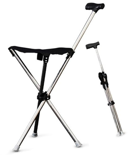Bastone da passeggio con sedile pieghevole, leggero 150 kg, per anziani, adatto ai viaggi, bastone da passeggio e sgabello 2 in 1, altezza regolabile e design antiscivolo