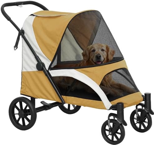 PawHut Hundewagen Hundebuggy klappbar für große Hunde & Katzen bis 30 kg Katzenbuggy mit Kissen Netzfenstern Türen Aufbewahrungstasche Katzenwagen mit Sicherheitsleinen, Bremsen, Buggy Braun