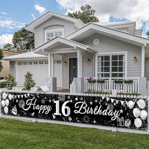 PartyYaa 16. Geburtstag Banner, 16. Geburtstagsbanner Deko, Extra Großes Happy Birthday Banner Party Fotoautomaten Hintergrund Deko Schild Poster für Mädchen und Jungen (Silber Schwarz)