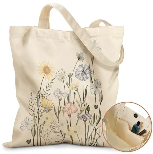 Miss Adola Tote Bag - with Magnetic Buckle and Zipper Inner Pocket for Women Lady Cloth Cotton Tote Bag Aesthetic Colorful Flower for Travel, Gym, Work, Travel, Shopping