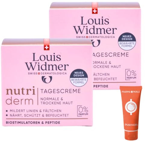 Louis Widmer nutriderm Tagescreme unparfümiert 2x 50 ml I Anti-Ageing Pflege für normale und trockene Haut I mit Hyaluron, Shea Butter und Feuchtigkeitsspendern I Spar-Set plus Pharma Perle give-away