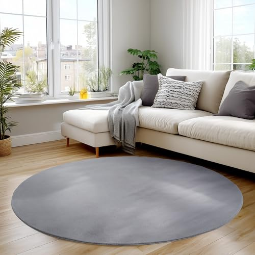 Carpettex Waschbarer Kurzflor Teppich Rund 200 cm Silber Einfarbig Weich