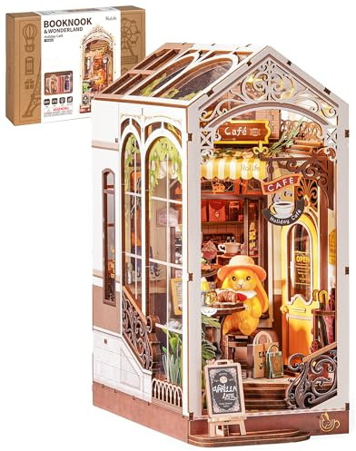Rolife Rabbit’s Coffee Holiday Book Nook Bausatz für Erwachsene, 5 Stunden 3D Holzpuzzle Miniatur-Café mit Warmlicht-LED, Bücherregal-Deko, kreatives Geschenk für Kaffee- & Buchliebhaber