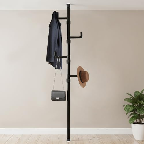 Garderobenständer Ausziehbar, Teleskop Kleiderständer mit 4 Haken, Schwarz | Garderobe Platzsparend, 110cm bis 310cm, Stabil Kleiderstange aus Metall, für Mantel, Jacke, Hut, Schal