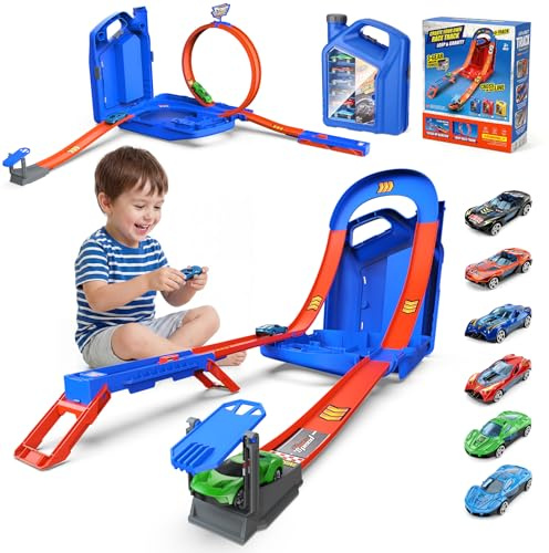 ITClosud Spielzeugauto-Trackset, Rennauto Spielzeug Kraftstofftank Rennstrecke für Kinder, Rennstrecke Auto Spielzeug mit 6 Autos, Auto Rennbahn Mit Looping und U Track, für Kinder ab 3 Jahre