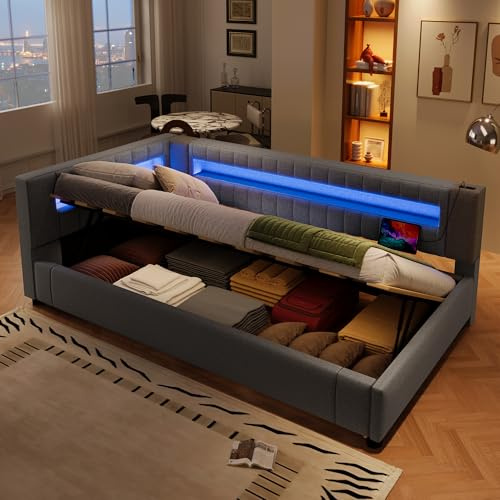 Gxffipw Tagesbett Polsterbett 90x200 cm mit LED Licht und USB Type-C, Hydraulisches Einzelbett Bett mit Stauraum, Schlafsofa Jugendbett Bettgestell mit Lattenrost, Leinen, Grau, Ohne Matratze ﻿