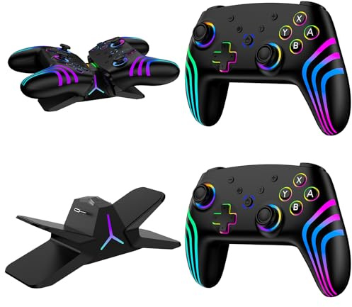 Reddening Lot de 2 Manette Switch 2 avec Station de Charge, Manette Switch pour Switch 2/Switch/Lite/OLED/PC, Manette Switch 1 avec RGB/Réveil/Gyroscope/Double Vibration/Turbo/Capture