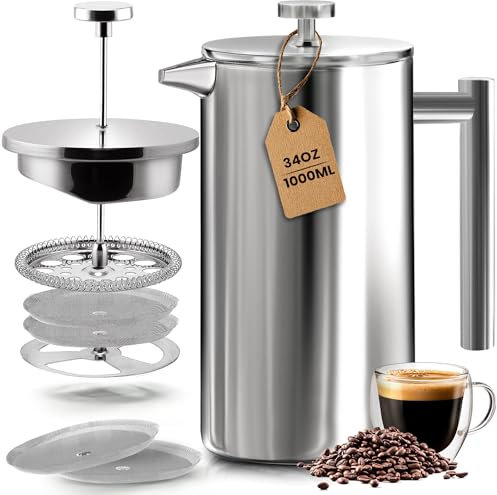 Utopia Kitchen French Press Cafetiere - 1000 ml/1 Liter - Double Wall Coffee Plunger - 100% Stainless Steel - by