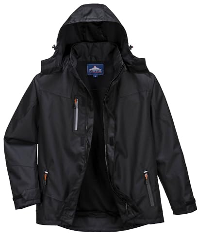 Portwest S555 Outcoach Rain Jacket Long Sleeve Waterproof Front Zip Opening | Black, Medium, EN 343 Class 3:3, UPF 50+, Slim Fit, 100% Polyester, Pack Away Hood, Taped Seams, Hook and Loop Cuffs, Durable
