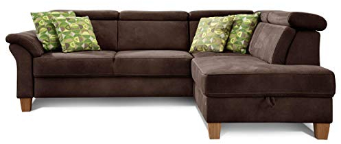 Cavadore Ecksofa Ammerland mit Ottomane rechts / Federkern-Sofa im Landhausstil mit verstellbaren Kopfstützen / 245 x 84 x 194 / Lederoptik braun