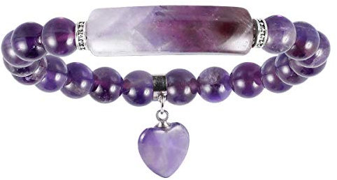 Nupuyai Amethyst Healing Crystal Stone Bracelet for Women, Lucky Heart Charm 8mm Beads Stretch Bracelet