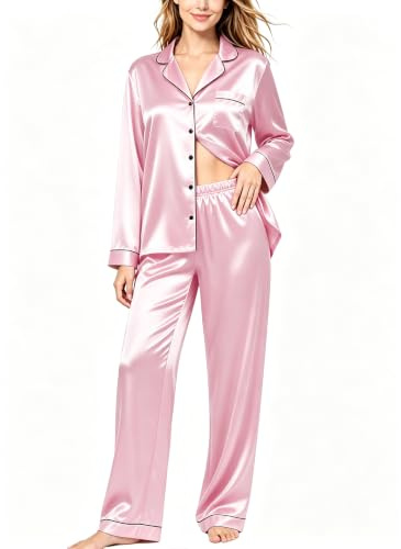 SWOMOG Pyjama en satin pour femme avec boutonnière à manches longues et pyjama 2 pièces, Rose, L