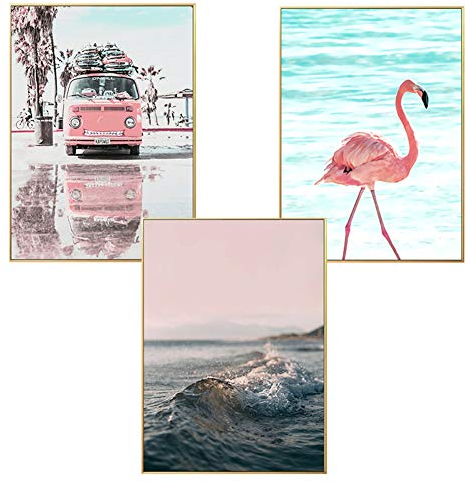 Martin Kench Design Poster 3er Set, Wandbild Wandkunst, Strand Meer Hawaii Flamingo, Ohne Rahmen, Print Bilder Kunstposter Deko für Wohnzimme (Flamingo,30 x 40 cm)