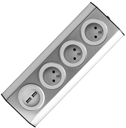 ORNO FS-3 Multiprise Electrique 3 compartiments avec sécurité enfants, montage en saillie à 45 °, idéal pour cuisine, bureau et plan de travail, 3680W 16A (3 fois sans câble + 2xUSB)