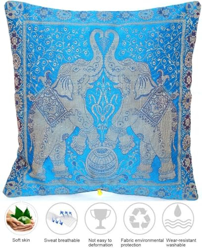 Ruwado Indische Banarasi Seide Deko Kissenbezüge 40 cm x 40 cm, Extravaganten Designs für Wohnzimmer und Schlafzimmer Dekoration - Doppel Elefant Muster 40 x 40 cm | 16 x 16 Zoll, Ockerbraun-4