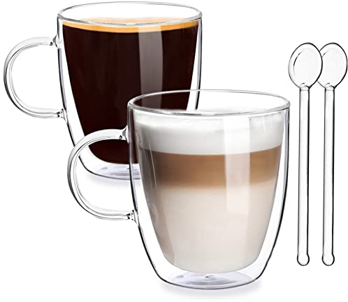 Joeyan Doppelwandige Gläser 2er Set - 400ml Thermoglas mit Henkel - Borosilikatglas Kaffeeglas mit Glaslöffel für Latte, Cappuccino, Milch, Tee, Saft,Eis