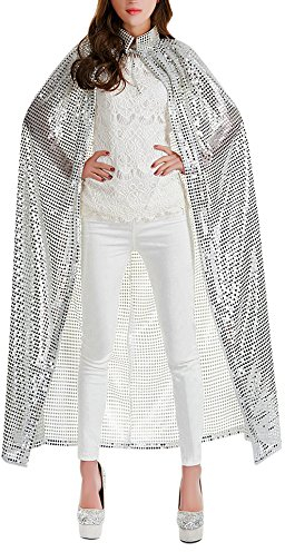 PURFUN Langer Damen-Umhang mit glänzenden Pailletten, Hexenkostüm, Robe, Weihnachtsumhang, silber, Einheitsgröße