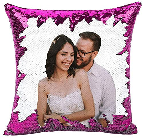 Personalisiertes Wurfkissen, personalisierbarer Pailletten-Kissenbezug, Foto-Kissenbezug, magischer Pailletten-Kissenbezug, Hochzeits-Andenken, Überwurfkissen, individuelles Bild (lila)