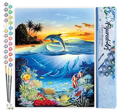 Figured'Art Peinture par Numéro Adulte Dauphins dans le lagon - Activité Manuelle Kit de Loisir Créatif DIY Numéro d'Art Complet - 40x50cm sans châssis en bois