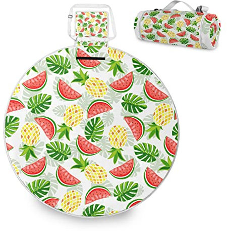 Runde Picknickdecke Matte Ananas Wassermelone Monstera Faltbare Campingmatte Sanddichte wasserdichte Picknickmatte für Sommer Frühling Strand Camping Wandern Festivals