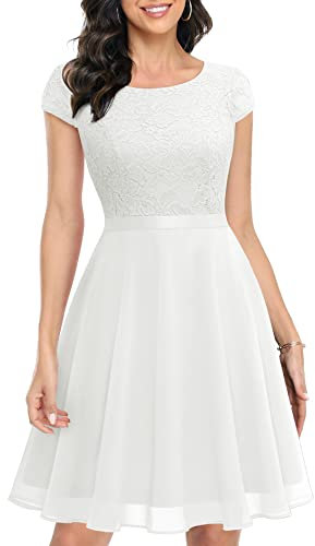UOTORI Women's Floral Lace Short Bridesmaid Dresses Chiffon A-Line Cocktail Dress Wedding Guest Formal Dresses White XL