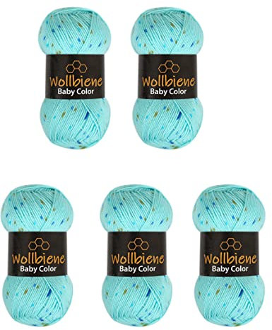 Wollbiene Happy Baby Color Multicolor Wolle 5x100g Strickwolle 500 Gramm Wolle zum Stricken und Häkeln Babywolle Tweed Punkte (10 türkis senf blau)