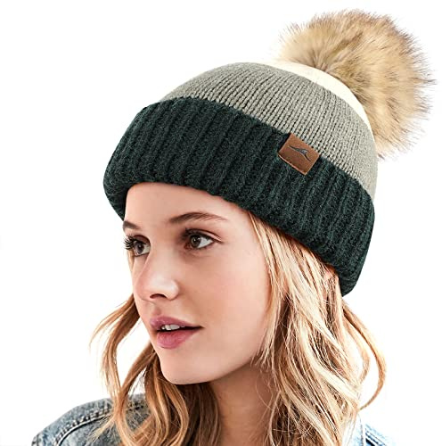 Achiou Winter Women Beanie Hat, Warm Cable Knit Beanies for Women, 3 Color Knitted Hat Skull Cap Faux Fur Pom Fleece Lined